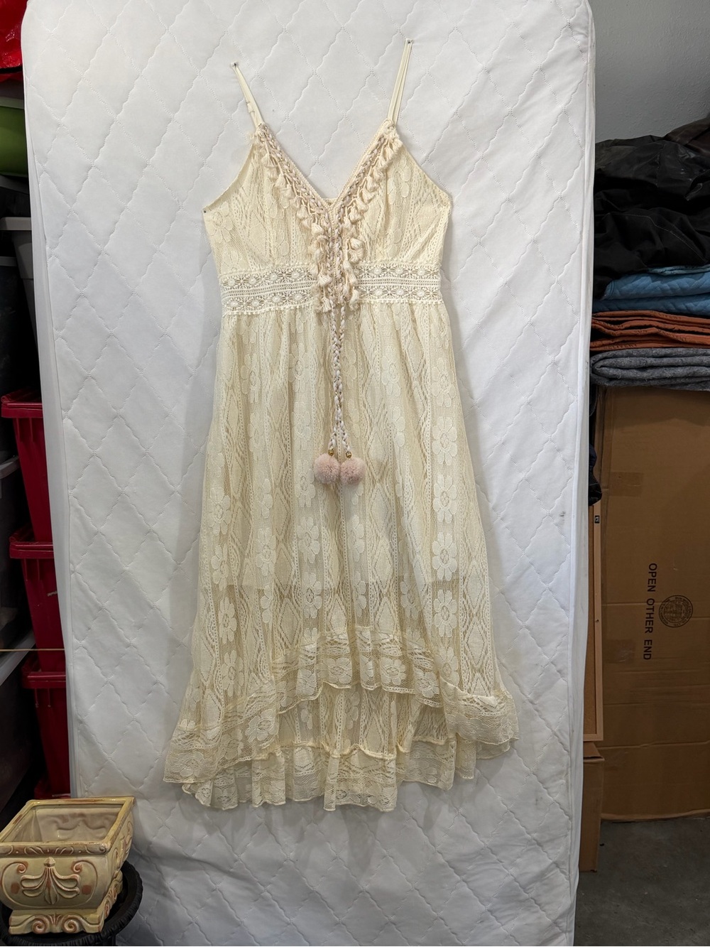 Boho Lace Hi-Lo Maxi Dress in Cream Lace with Tassels and Gold trim w/ Pom-Poms - Picture 5 of 8